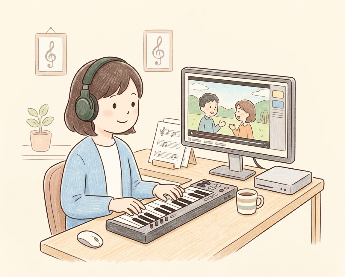 작업실에서 영상을 보며 미디 키보드로 작곡하는 사람