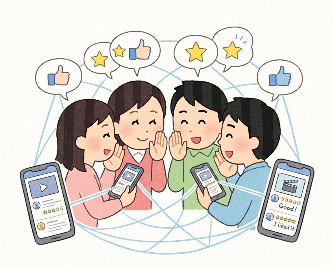 스마트폰과 SNS를 통해 영화에 대한 입소문을 퍼뜨리는 사람들의 모습