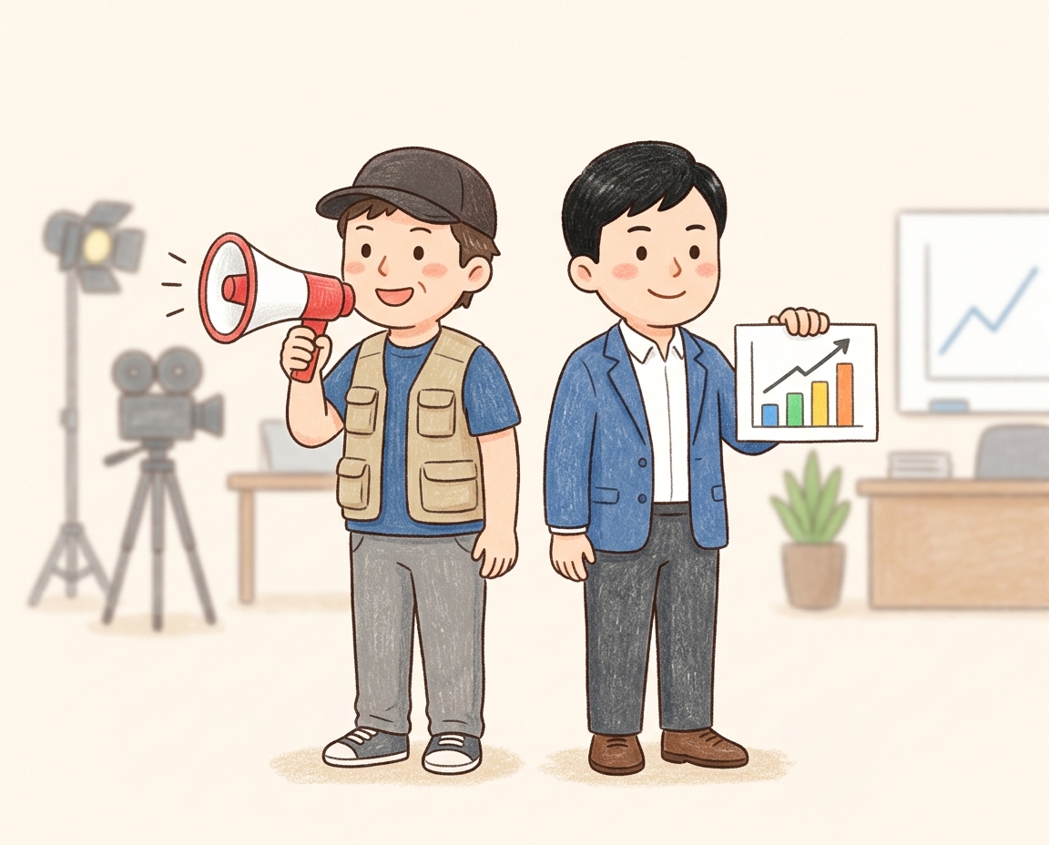 메가폰을 든 영화 감독과 그래프를 든 마케터가 등을 맞대고 있는 일러스트