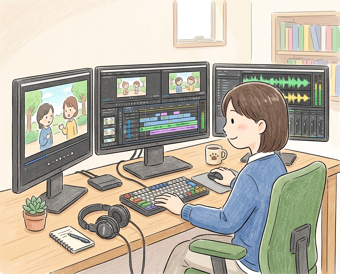 여러 대의 모니터로 비디오 타임라인과 사운드 웨이브를 편집하는 작업자 일러스트
