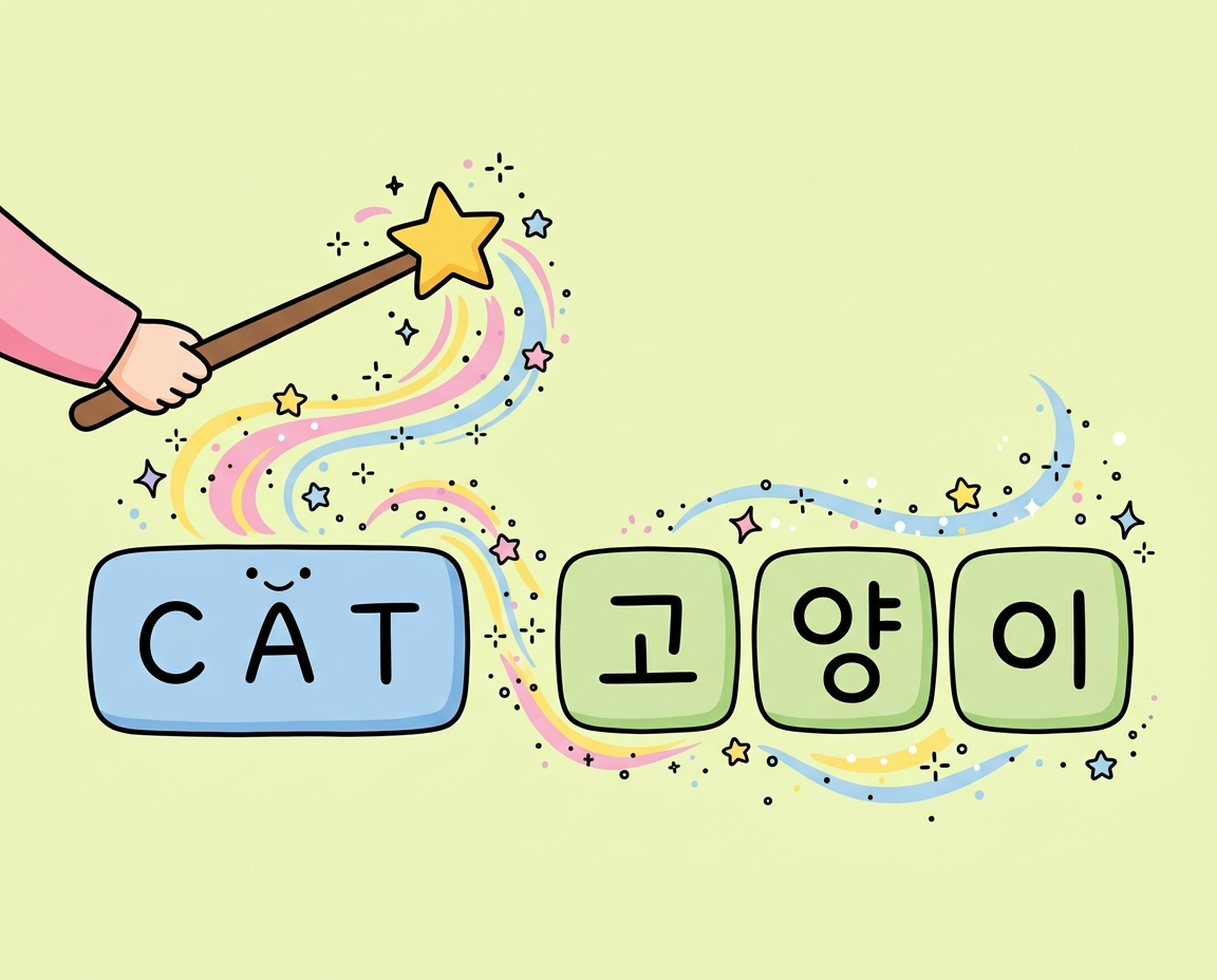 영어 단어가 마법 지팡이에 의해 완전히 새로운 한국어 단어로 변하는 모습