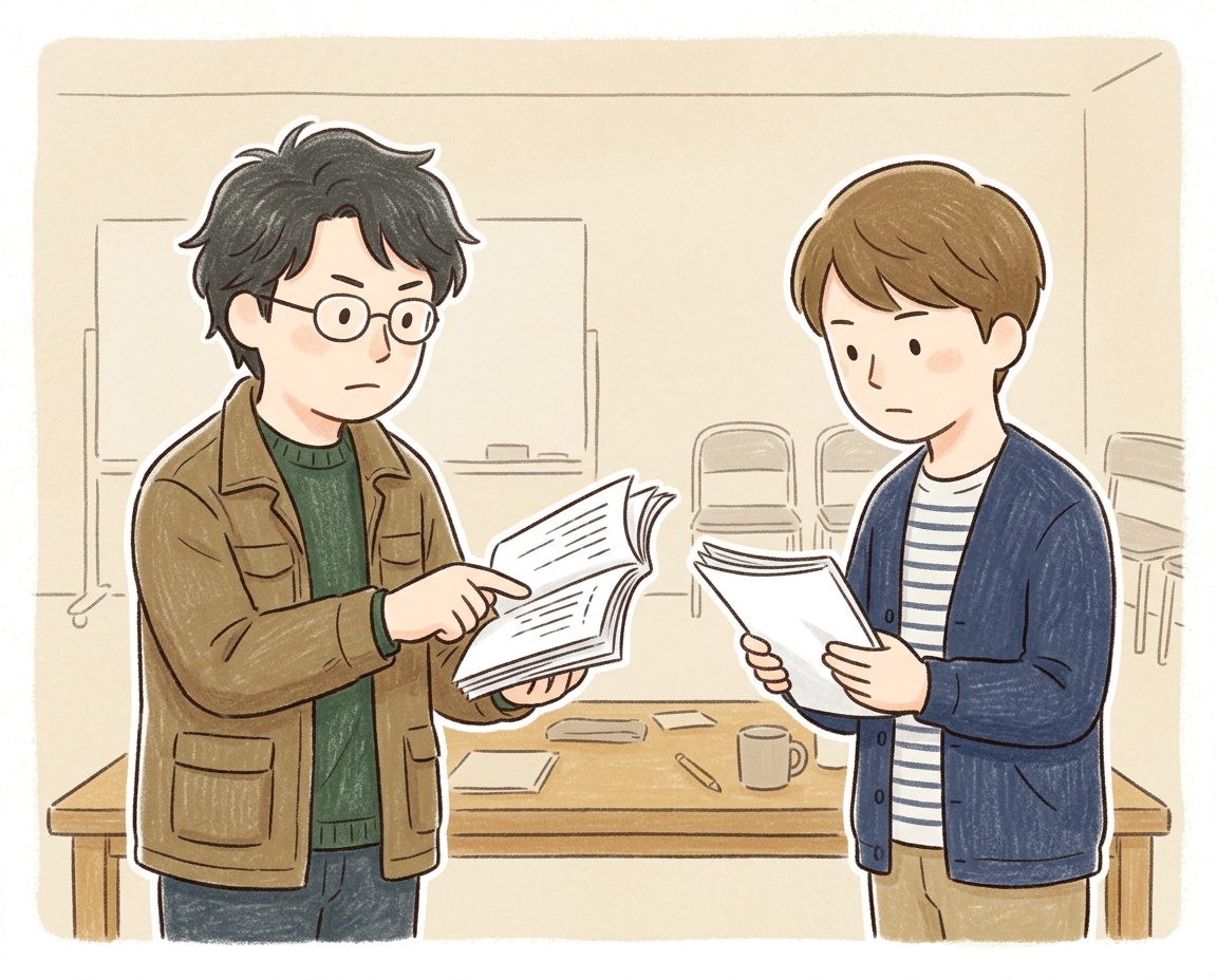 대본을 들고 진지하게 상의하는 감독과 배우